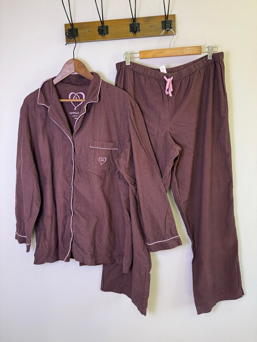 Victoria’s Secret Y2K Brown Cotton Pajama Set Pink Trim Lounge Large